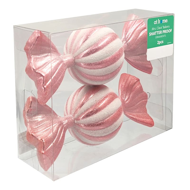 Mrs. Claus' Bakery 2-Count Pink & White Candy Shatterproof Ornaments, 7.5" | At Home