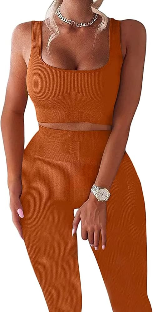 Workout Sets for Women 2 Piece Seamless Ribbed Crop Tank High Waist Shorts Yoga Outfits | Amazon (US)