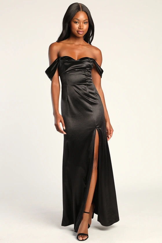 Beautiful Moments Black Satin Off the Shoulder Maxi Dress | Lulus (US)