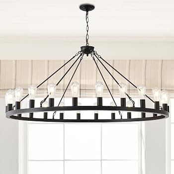 53\u201d Large Farmhouse Wagon Wheel Chandelier,Black Rustic Chandelier 24-Lights,Round Dining Ro... | Amazon (US)