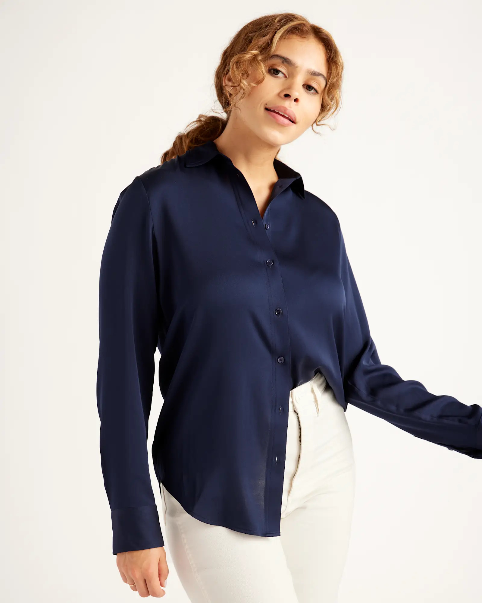 Washable Stretch Silk Blouse in Navy | Quince