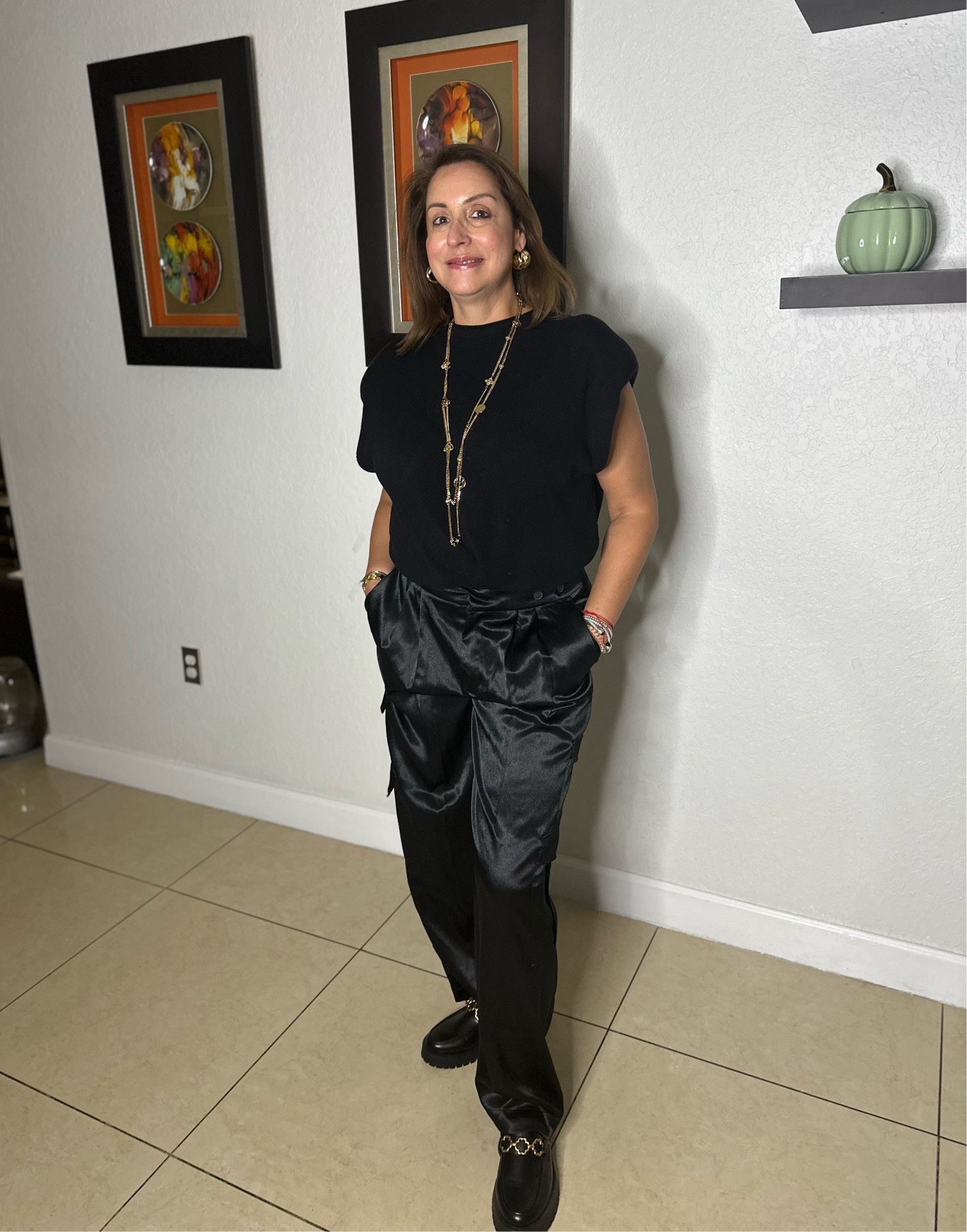 Satin black cargo pants that you can get from target 30% off until Oct. 7.  With the holidays coming up these are a fun option for holiday gatherings, dinners, get together.  You name it!!! 

#LTKsalealert #LTKGiftGuide #LTKSeasonal