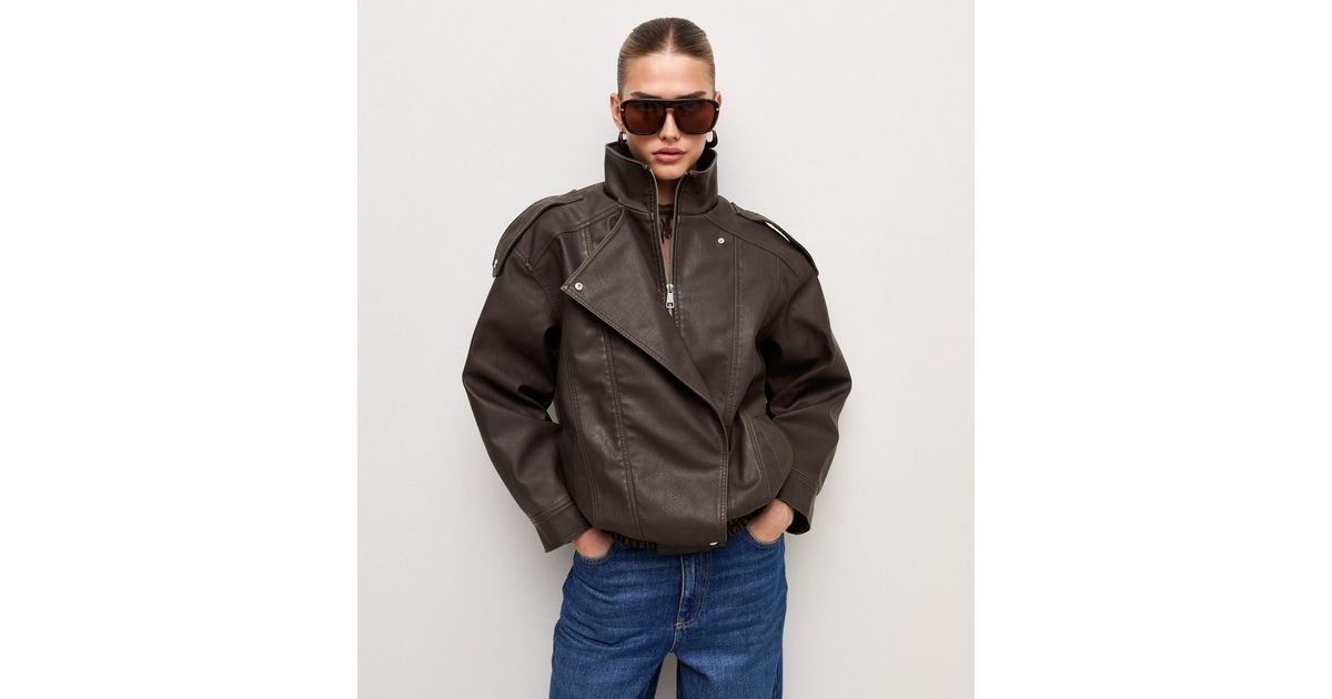 Women's Dark Brown Placket Detail Faux Leather Oversized Funnel Neck Jacket New Look | New Look (UK)