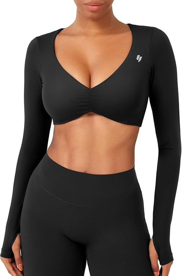 YEOREO CoreFlex Long Sleeve Crop Tops for Women | Deep V Neck, Ruched, Padded, Body fit, Workout,... | Amazon (US)