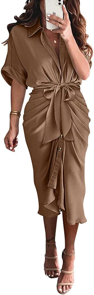 BTFBM Women's Long Sleeve Lapel V Neck Button Down Satin Dresses Elegant Ruched Casual Fall Maxi ... | Amazon (US)