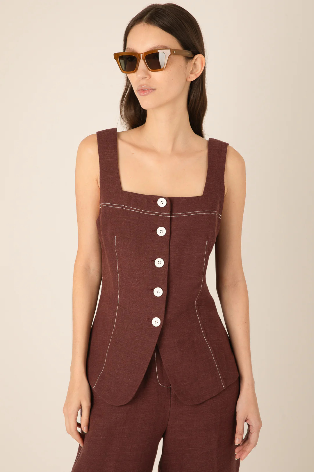 Women's Linen Sleeveless Button Top in Brown | Vivere London
