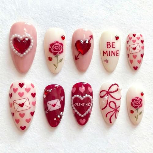 24Pcs Valentines Press on Nails Medium Almond Fake Nails with 3D Heart Pearl Rhinestones Romantic Bow Rose Flower Acrylic Nails Cute Hearts Valentine False Nail Rose Full Cover Glue on Nails for Women | Amazon (US)