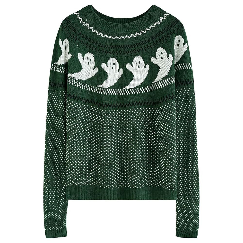 CHICWISH Women's Black/Army Green/Orange Cute Ghost Long Sleeves Halloween Knit Sweater Pullover | Amazon (US)