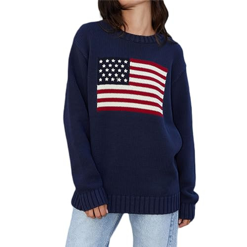 Women's American Flag Sweater Casual Loose Long Sleeve Knit Pullover 4th of July Jumper Top | Amazon (US)