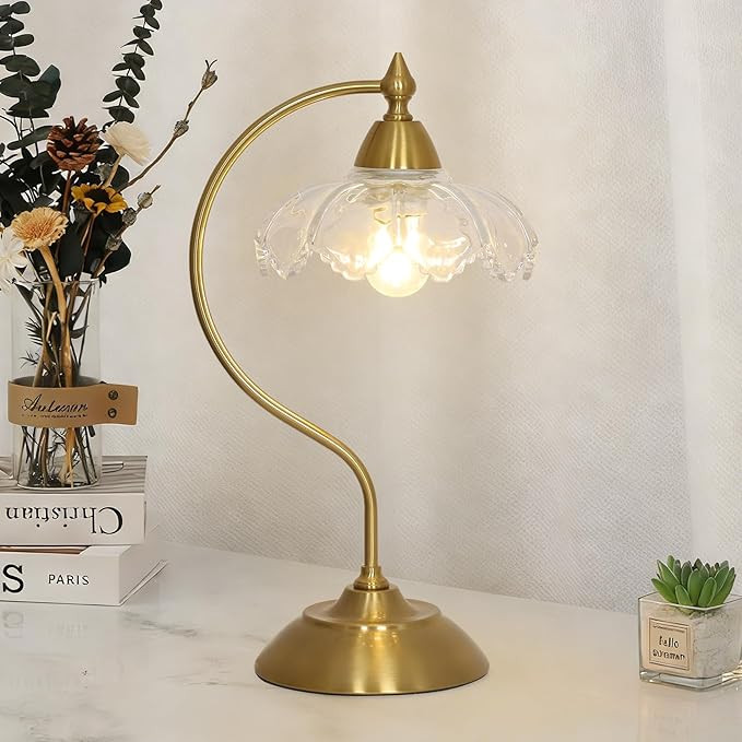 Glass Desk Lamp, Gold Table Lamps for Living Room, Brass Side Table Lamp with Clear Flower Shade,... | Amazon (US)