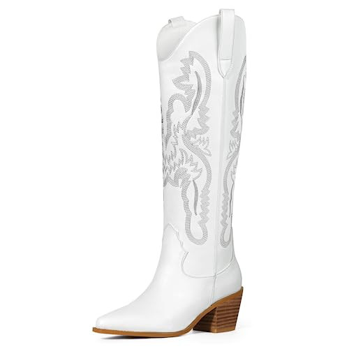 Ouepiano Cowboy Boots for Women Knee High Boots Embroidered Metallic Western Tall Long Cowgirl Boot Pointed Toe Chunky Heel Pull On White 11 | Amazon (US)