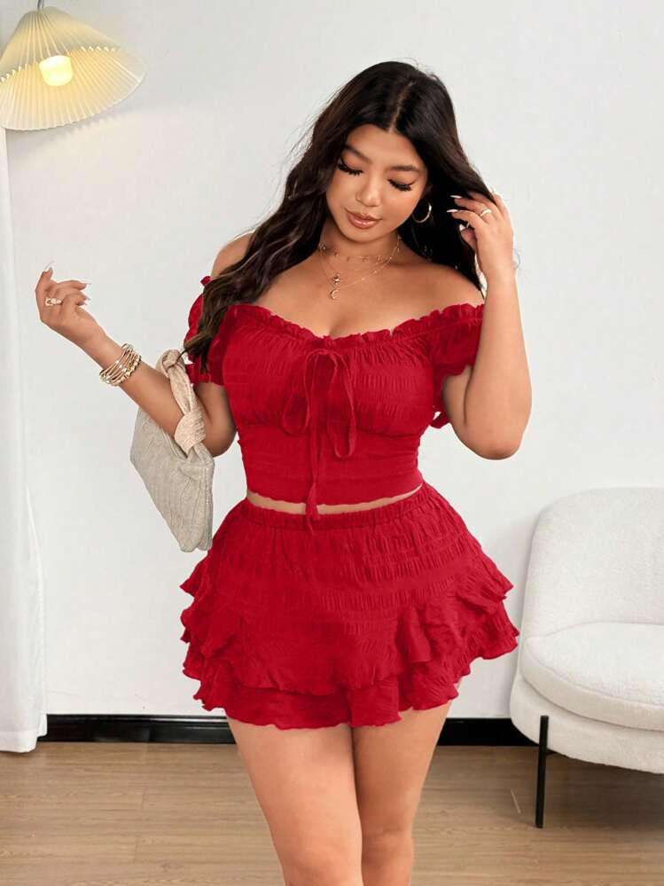 Sunnyshic Plus Size Sexy Off-Shoulder Going Out Tops And Skort Set, Bow Vacation Beach Outfits For Women | SHEIN