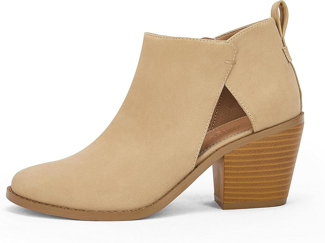 Womens Cut Out Ankle Boots Chunk Block Heel Suede Booties Side Zipper Almond Toe Comfortable Shoes | Amazon (US)