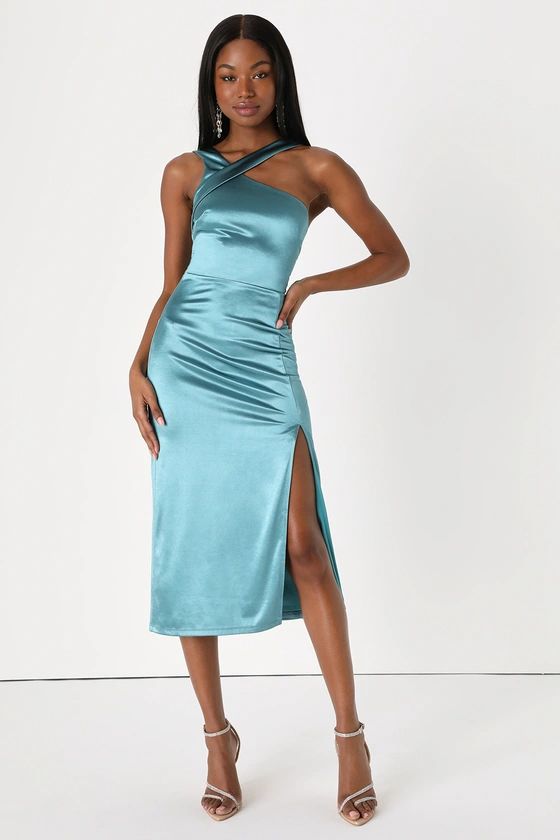 Magical Essence Teal Green Satin Asymmetrical Midi Dress | Lulus (US)