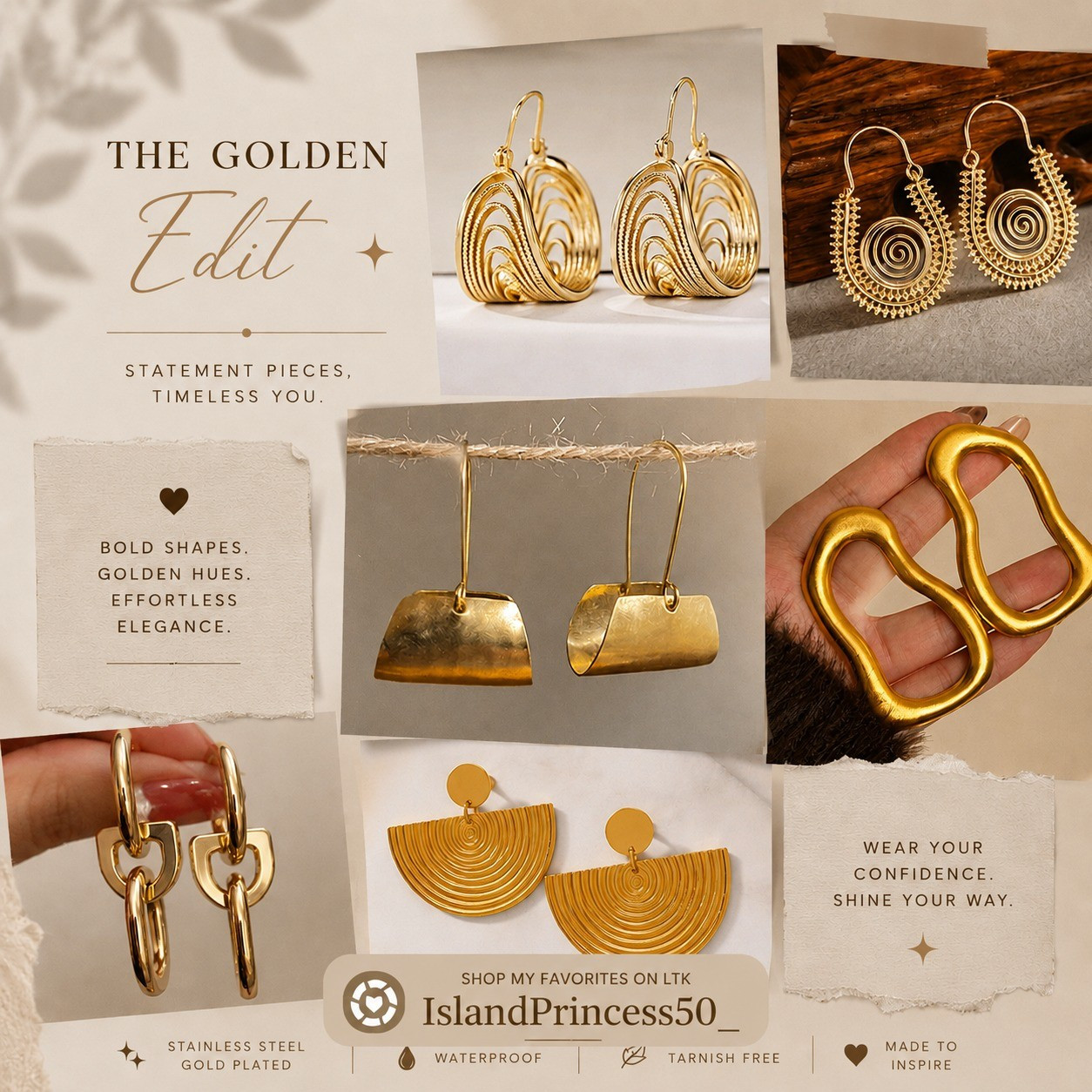 Golden moments deserve golden accessories ✨These statement earrings instantly elevate any outfit—from casual denim days to elegant dinner nights. Bold, modern, and effortlessly chic, they're the perfect finishing touch for every jewelry lover.✨ Waterproof ✨ Tarnish-Free ✨ Stainless Steel Gold Plated

#LTKgrwm #LTKootd