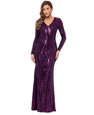 Women's Long-Sleeve Sequined V-Neck Gown | Macy's Canada