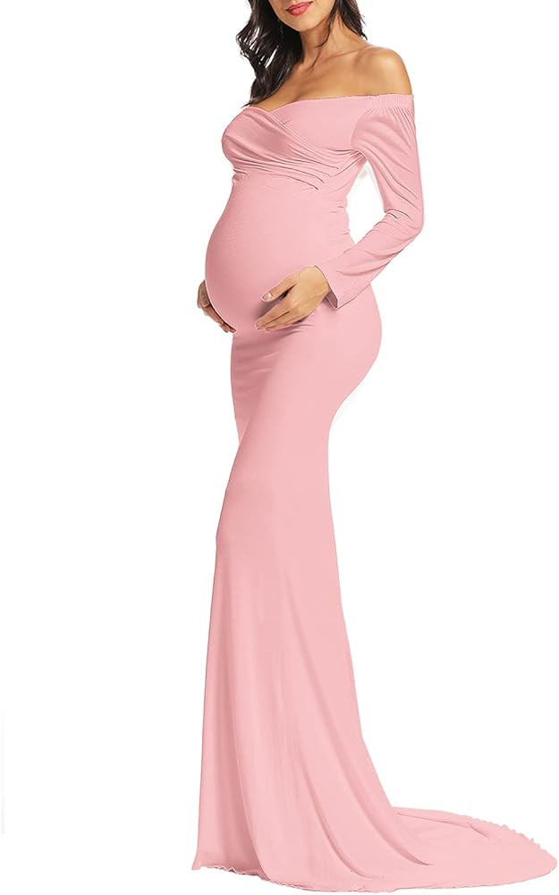 Off Shoulder Mermaid Maternity Gown for Photoshoot/Slim Fit Long Sleeve Maternity Maxi Dress Baby... | Amazon (US)