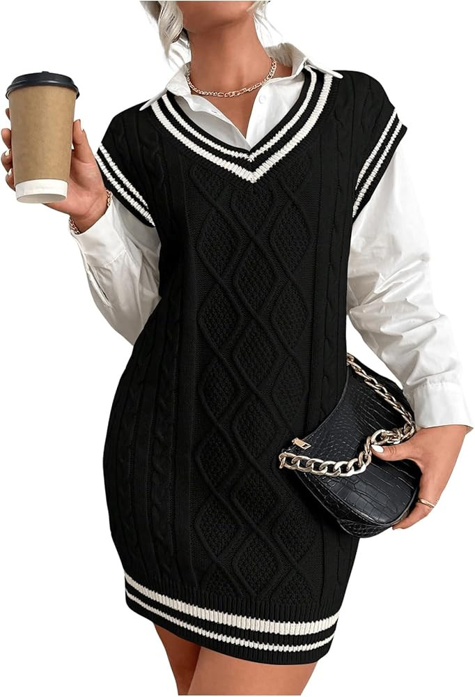 SweatyRocks Women's Sleeveless Sweater Dress V Neck Striped Trim Preppy Cable Knit Pullovers | Amazon (US)