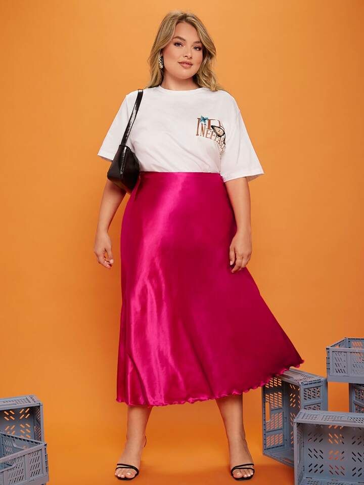 SHEIN Privé Plus Solid Lettuce Trim High Waist Skirt | SHEIN
