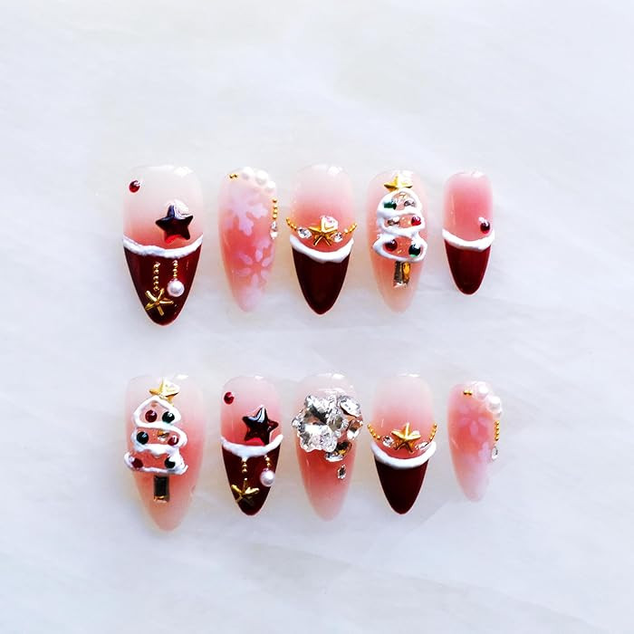 Christmas Press-on Nails, Medium Length Almond Shape, 3D Design with Snowflakes and Trees, Red an... | Amazon (US)