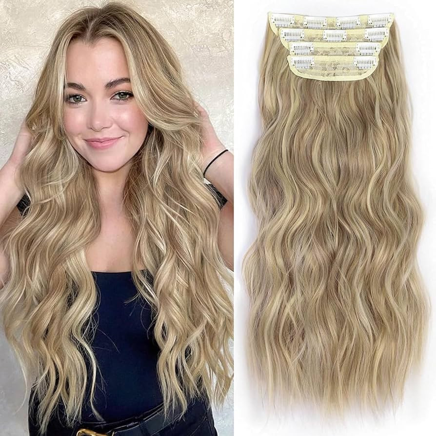 ALXNAN Clip in Long Wavy Synthetic Hair Extension 24 Inch Dirty Blonde 4PCS Thick Hairpieces Fibe... | Amazon (US)