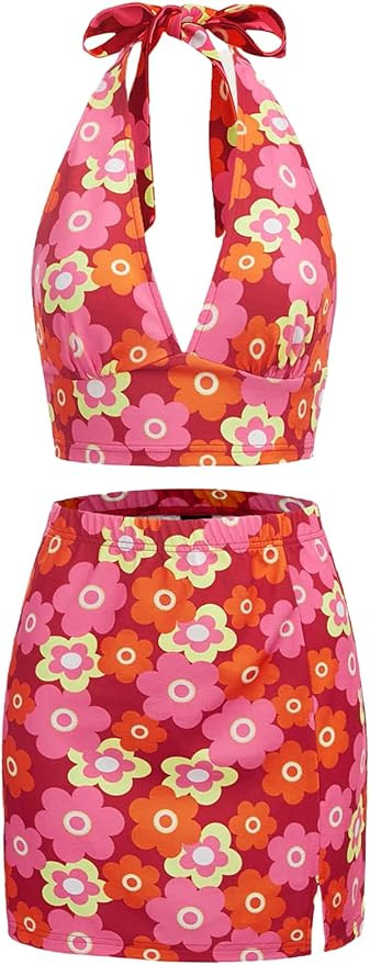 Verdusa Women's 2 Piece Outfit Floral Crop Halter Top and Split Bodycon Sets | Amazon (US)