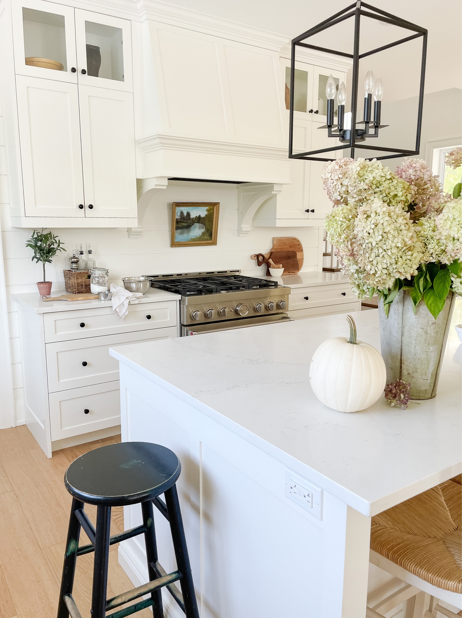 WHITE KITCHEN FALL DETAILS 
.
Adding a white pumpkin, a vintage sap bucket, hydrangeas, a vintage stool, and art work! It’s a really good start. 🤍

#LTKSeasonal #LTKhome