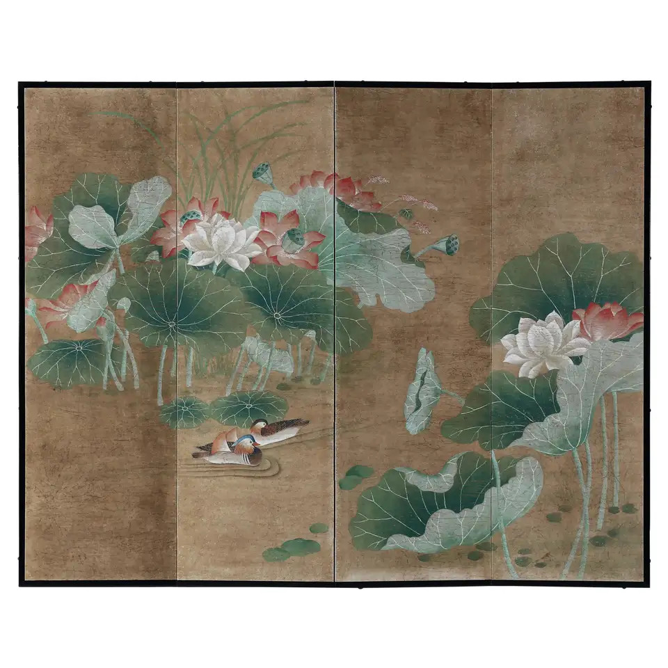 Hand Painted Japanese Folding Screen Byobu of Lotus Pond and Mandarin Ducks | 1stDibs
