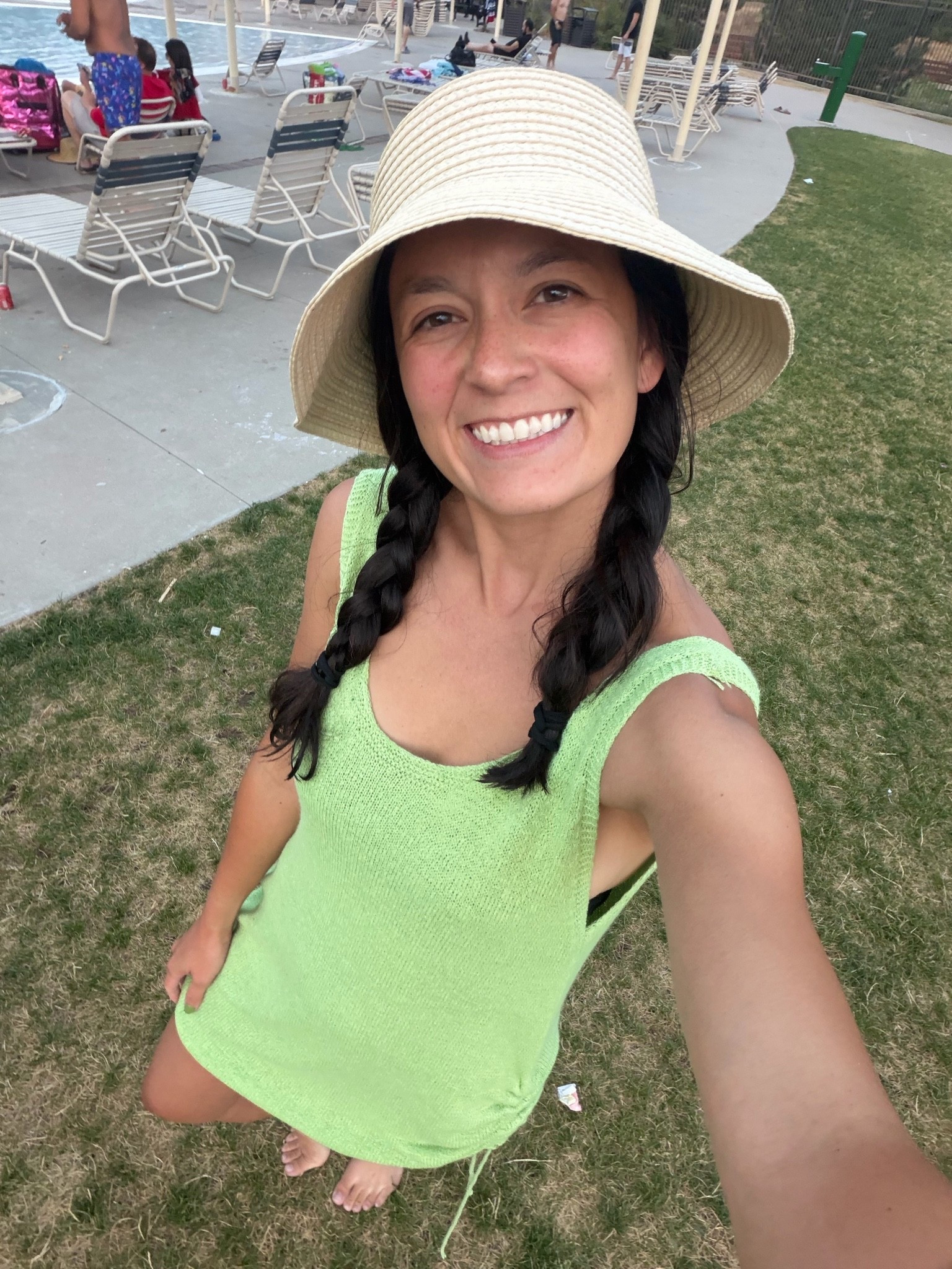 Pool party outfit. Like green swim cover up. Knitted green cover up from Amazon. Straw hat. Summer pool style.

#LTKPetite #LTKSeasonal