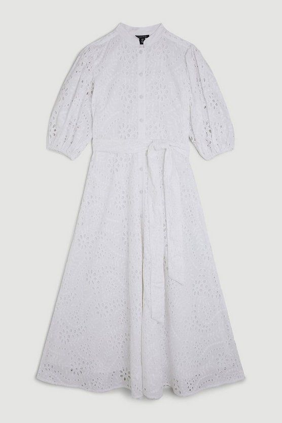 Cotton Broderie Belted Woven Midi Dress | Karen Millen UK + IE + DE + NL