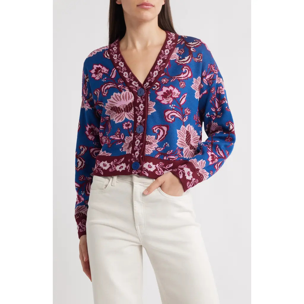 FARM Rio Flower Delicacy Jacquard Cardigan in Dark Blue at Nordstrom, Size Small | Nordstrom