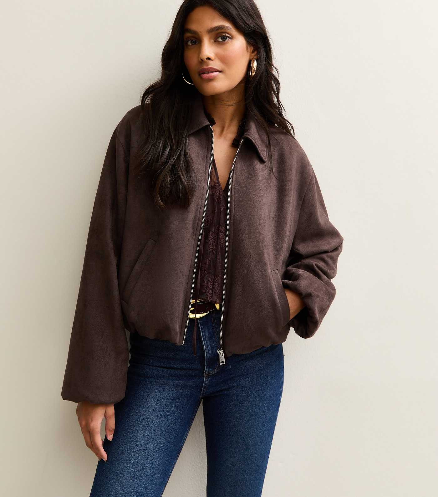Brown Faux Suede Bubblehem Bomber Jacket | New Look | New Look (UK)