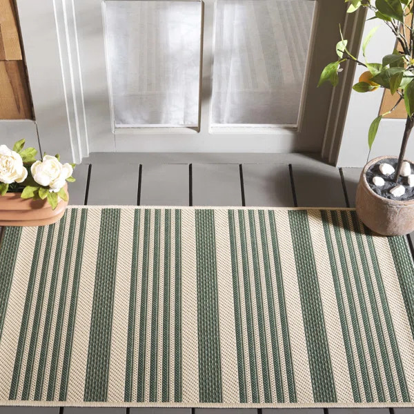 Aiken Striped Beige/Green Indoor / Outdoor Area Indoor/Outdoor Area Rug | Wayfair North America