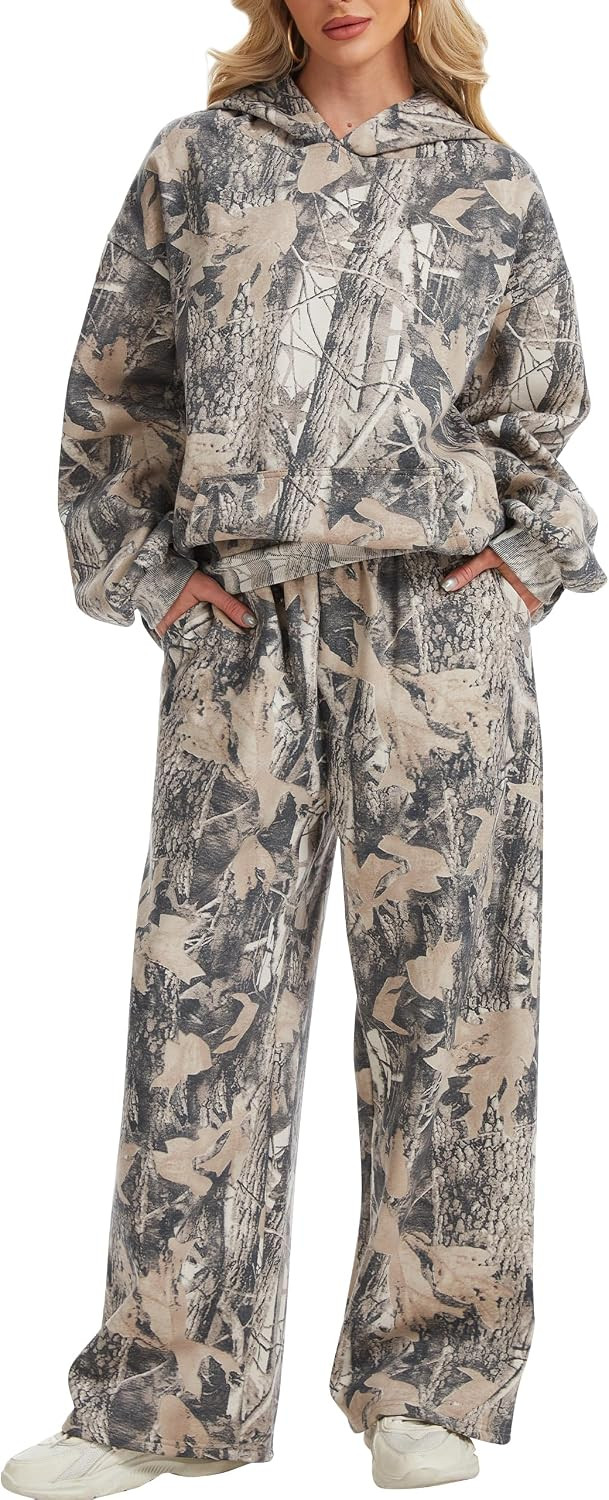 Womens 2 Piece Sweatsuits Fall Outfits Oversized Camo Hoodie Wide Leg Sweatpants Travel Lounge Matching Sweat Sets | Amazon (US)