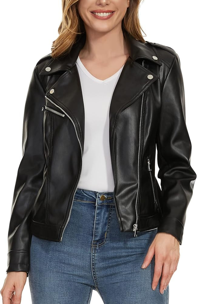 Fahsyee Faux Leather Jacket for Women, Vegan Jackets Moto Biker Motocycle Coat | Amazon (US)