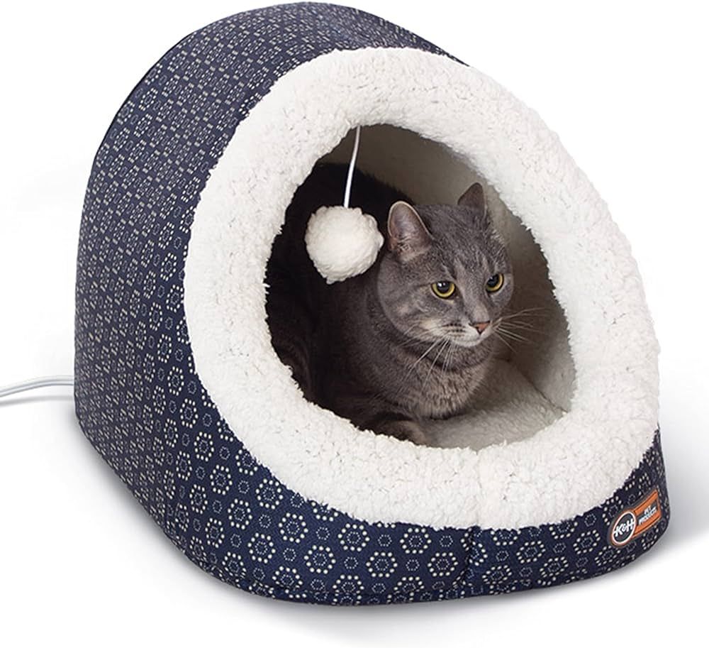 K&H Pet Products Thermo-Pet Cave Heated Cat Bed - Navy/Geo Flower 17 X 15 X 13 Inches | Amazon (US)