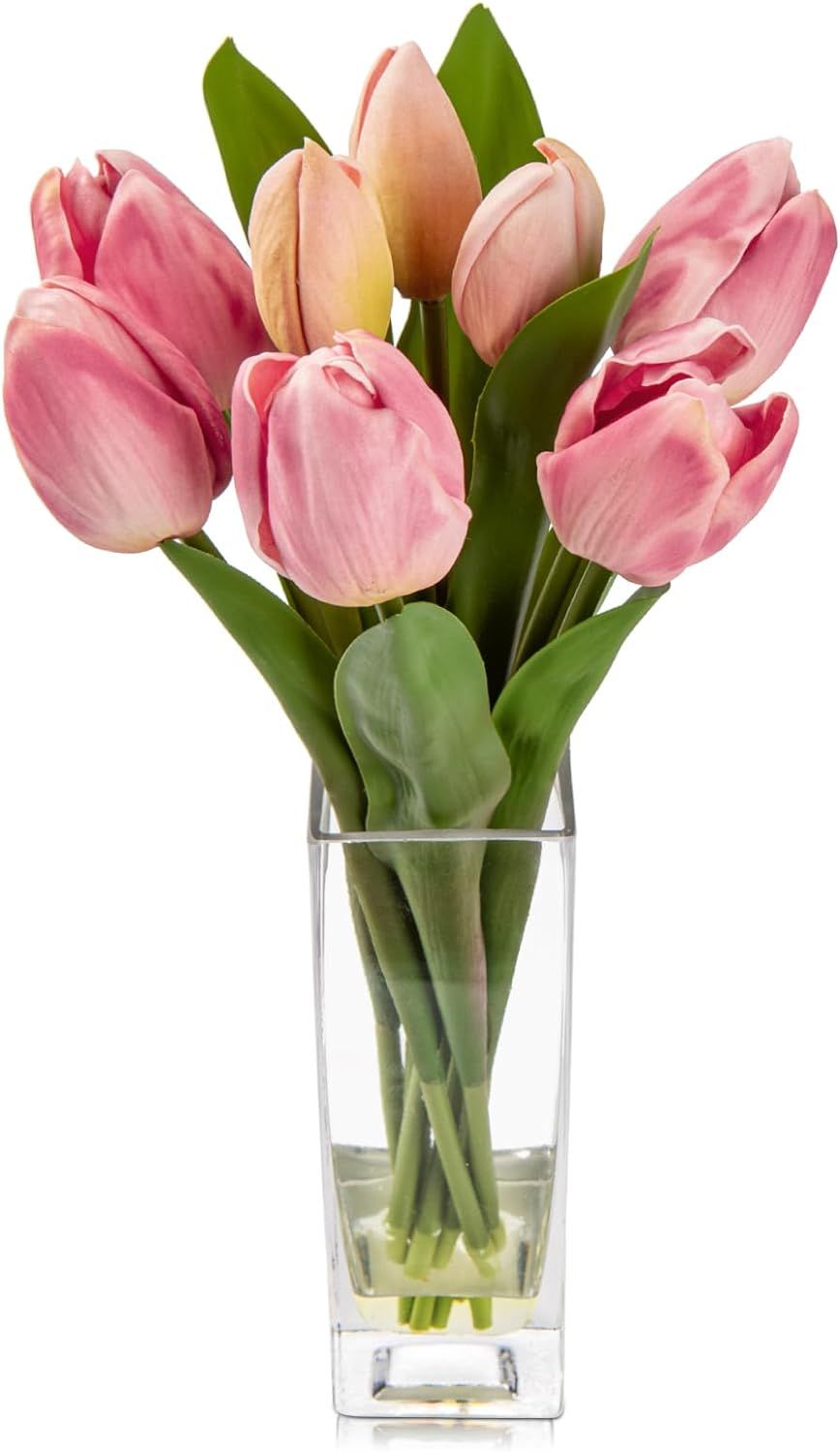 Briful Fake Flowers Artificial Tulip Flower in Clear Vase, Greenish Pink Real Touch EVA Tulip Arr... | Amazon (US)