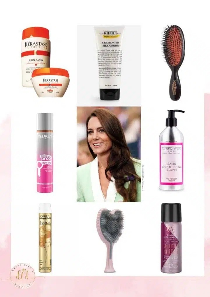Kate middleton’s favorite hair products — kerastase shampoo and conditioner, Kiehls silk groom, Mason Pearson brush, Redken pillow proof spray, Richard Ward shampoo, L’Oréal Elnett spray, Tangle Angel brush, Charles Worthington volume mousse, Wella ocean spritz  