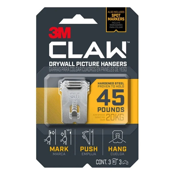 3M CLAW Drywall Picture Hanger with Temporary Spot Marker, holds 45 lbs, 3 Hangers + 3 Markers/Pa... | Walmart (US)