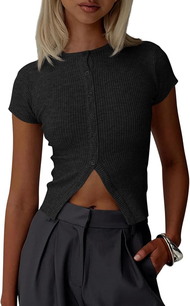 Imily Bela Womens Short Sleeve Sweater Tops Summer Button Down Casual Ribbed Knit Slim Fit Croppe... | Amazon (US)