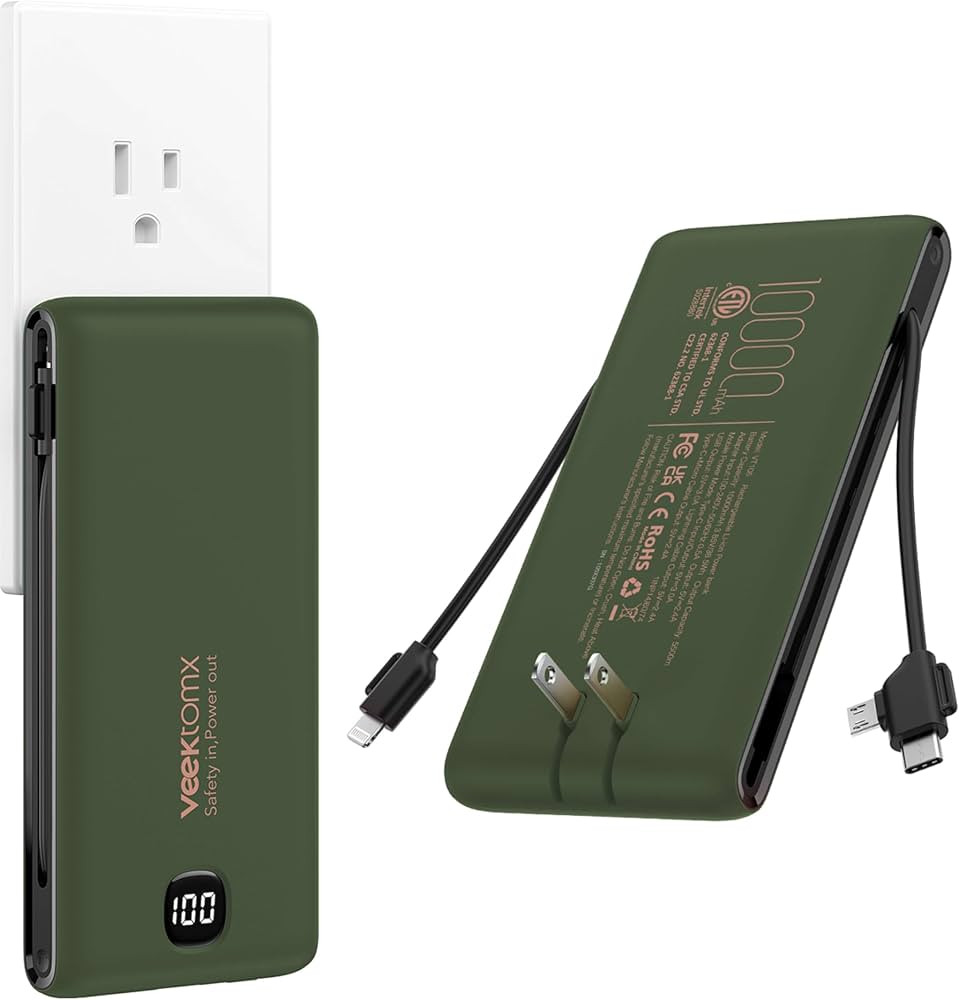 VEEKTOMX Portable Charger with Built in Cables 10000mAh, Power Bank for iPhone with Wall Plug, Tr... | Amazon (US)