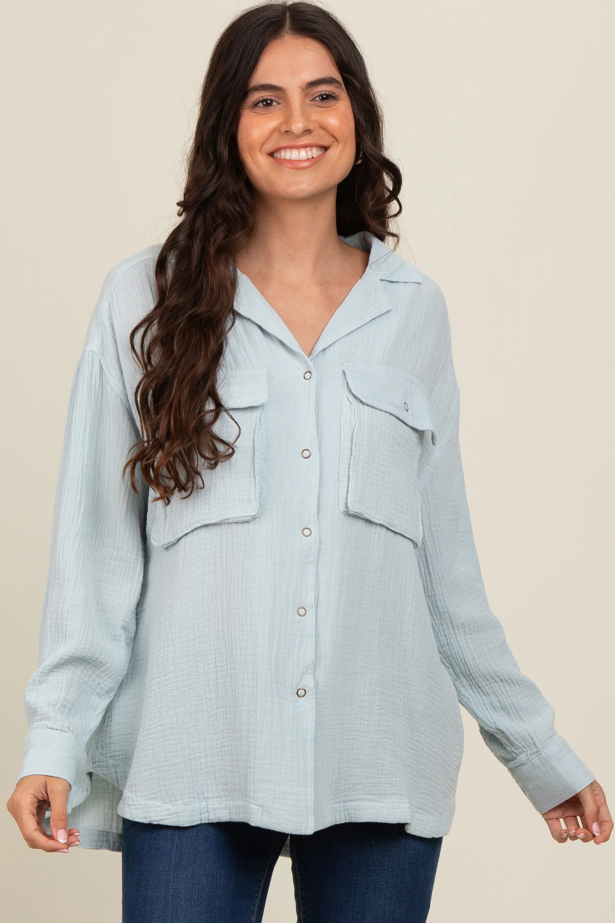 Light Blue Cotton Gauze Button Down Shirt | PinkBlush Maternity