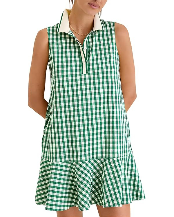 Womens Gingham Polo Dress V Neck Sleeveless Ruffled Hem Mini Dresses Plaid Button Front Tennis Dr... | Amazon (US)