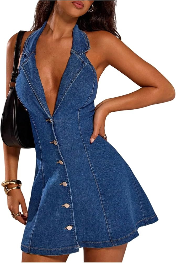 Floerns Women's Y2k Denim Halter Mini Dress Sleeveless Deep V Neck Button Down A Line Going Out J... | Amazon (US)