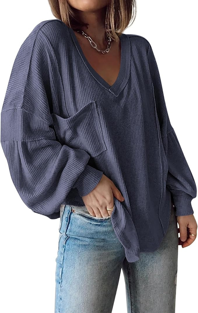 BTFBM Womens Fall Fashion 2025 Long Sleeve Shirts Casual V Neck Ribbed Knit Blouses Pullover Tren... | Amazon (US)