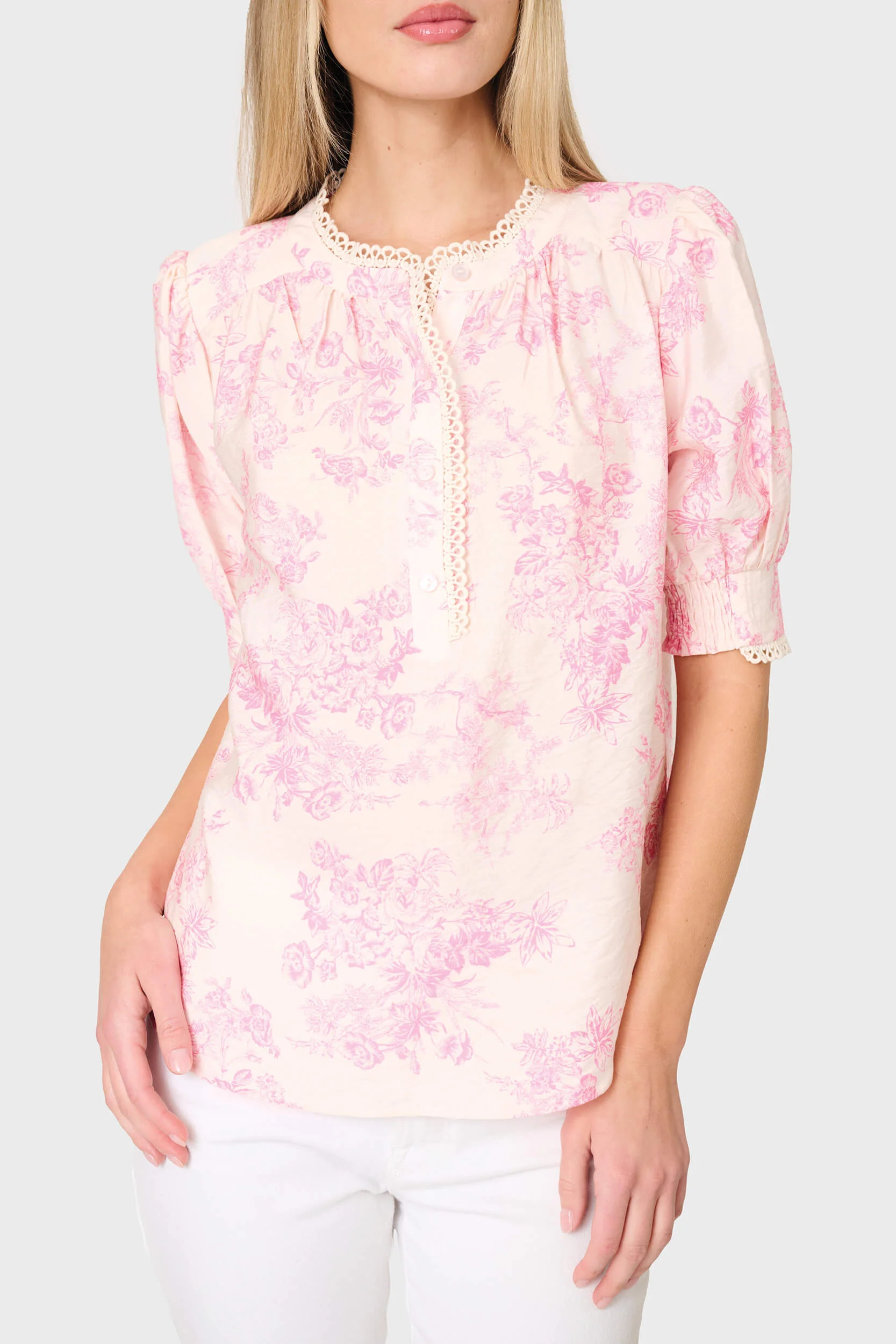 Dianthus Henley Crochet Trim Blouse | Feminine Spring Toile Top | Gibson