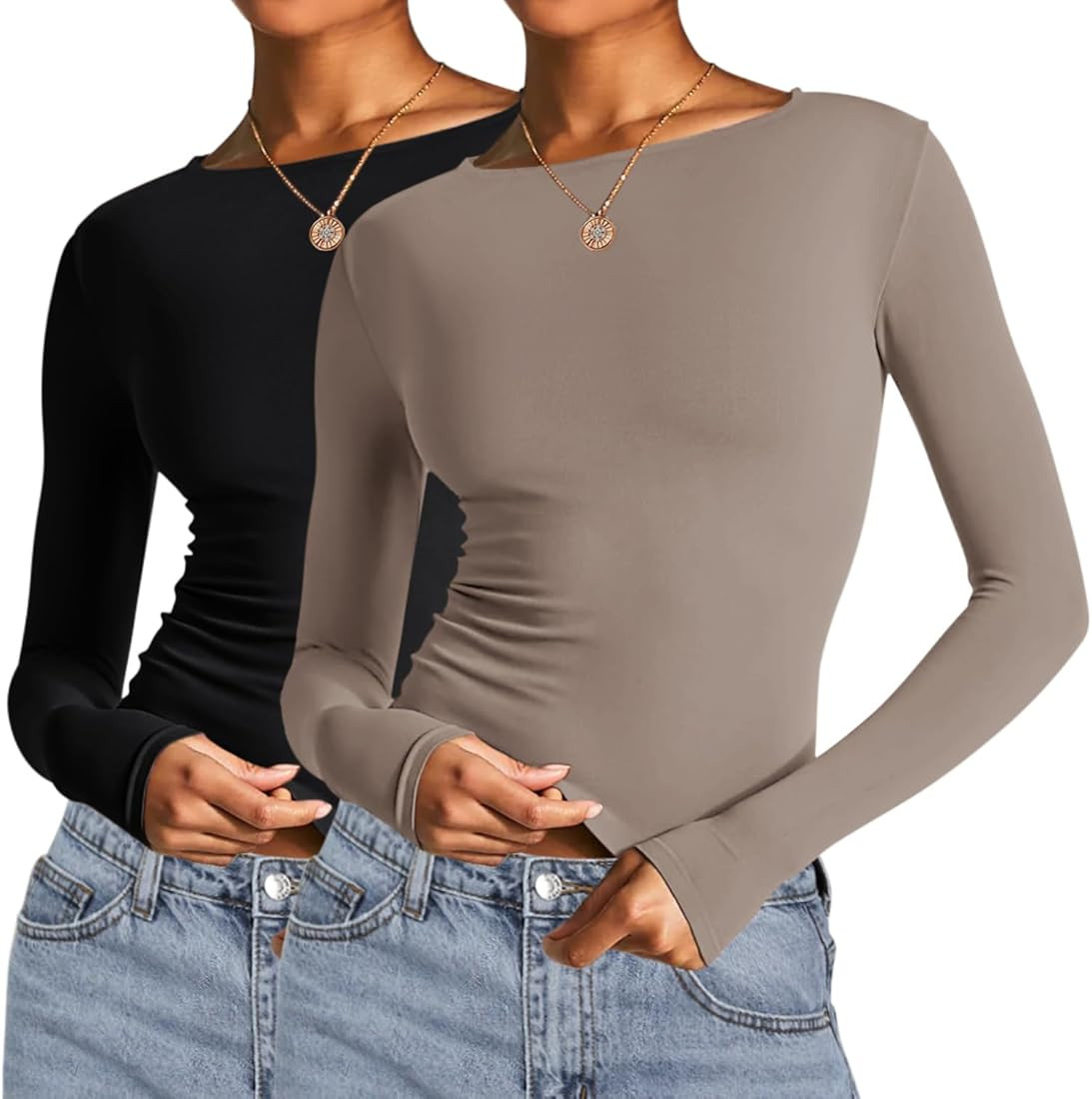 AKEWEI Long Sleeve Crop Tops for Women 2 Pack Fall Going Out Outfits Cute Tight Basic Tees Shirt | Amazon (US)