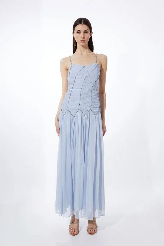 Strappy Embellished Ruched Georgette Woven Maxi Dress | Karen Millen US