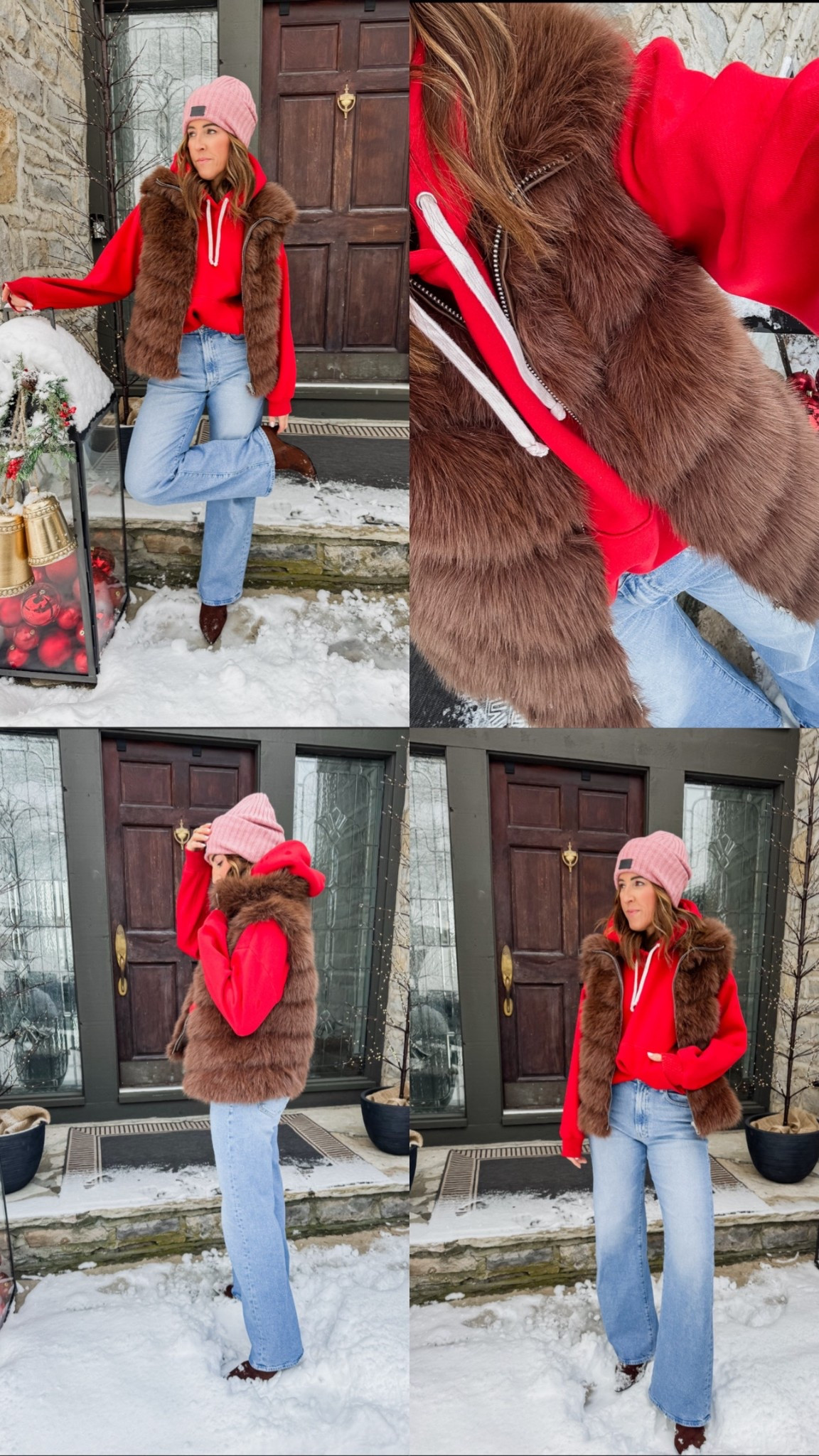 Festive red. ❤️ and more snow coming this weekend. 
Linking a NEW vest super similar to mine from last year. Same exact brand  

#LTKootd #LTKSeasonal #LTKHoliday