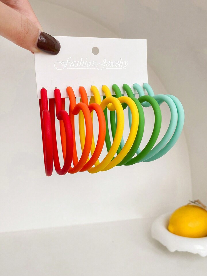 5pairs/Set Fashionable Colorful Simple Geometric & Large Heart Shaped Hoop Earrings Set | SHEIN